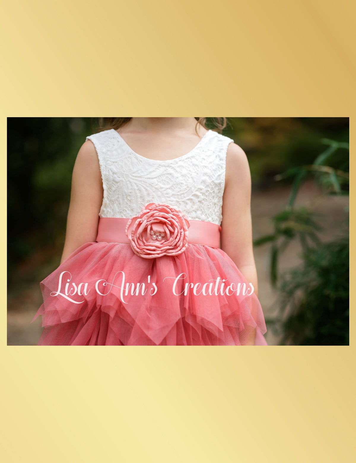 blush flower girl dress in a tiered sleeveless tutu style. In lace and tulle.