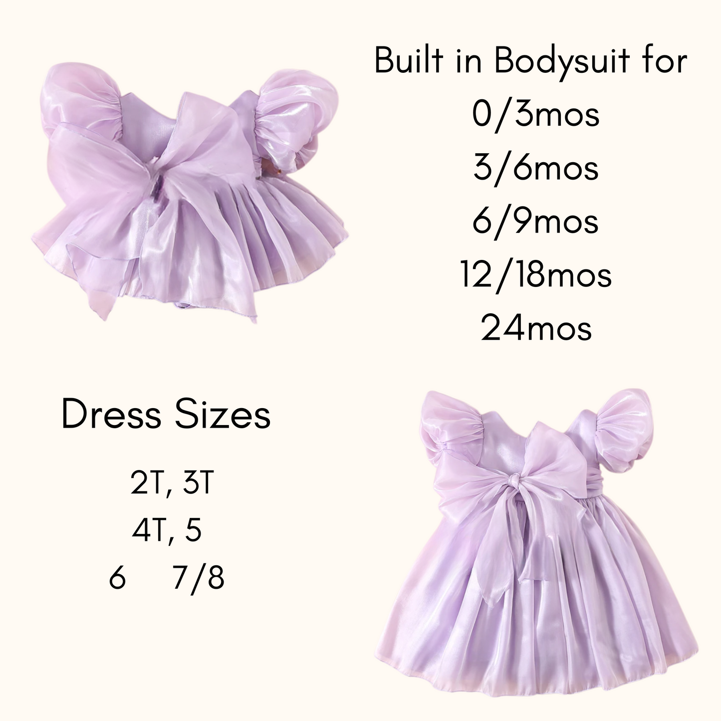 Purple dress with a built-in bodysuit and size chart on a white background
