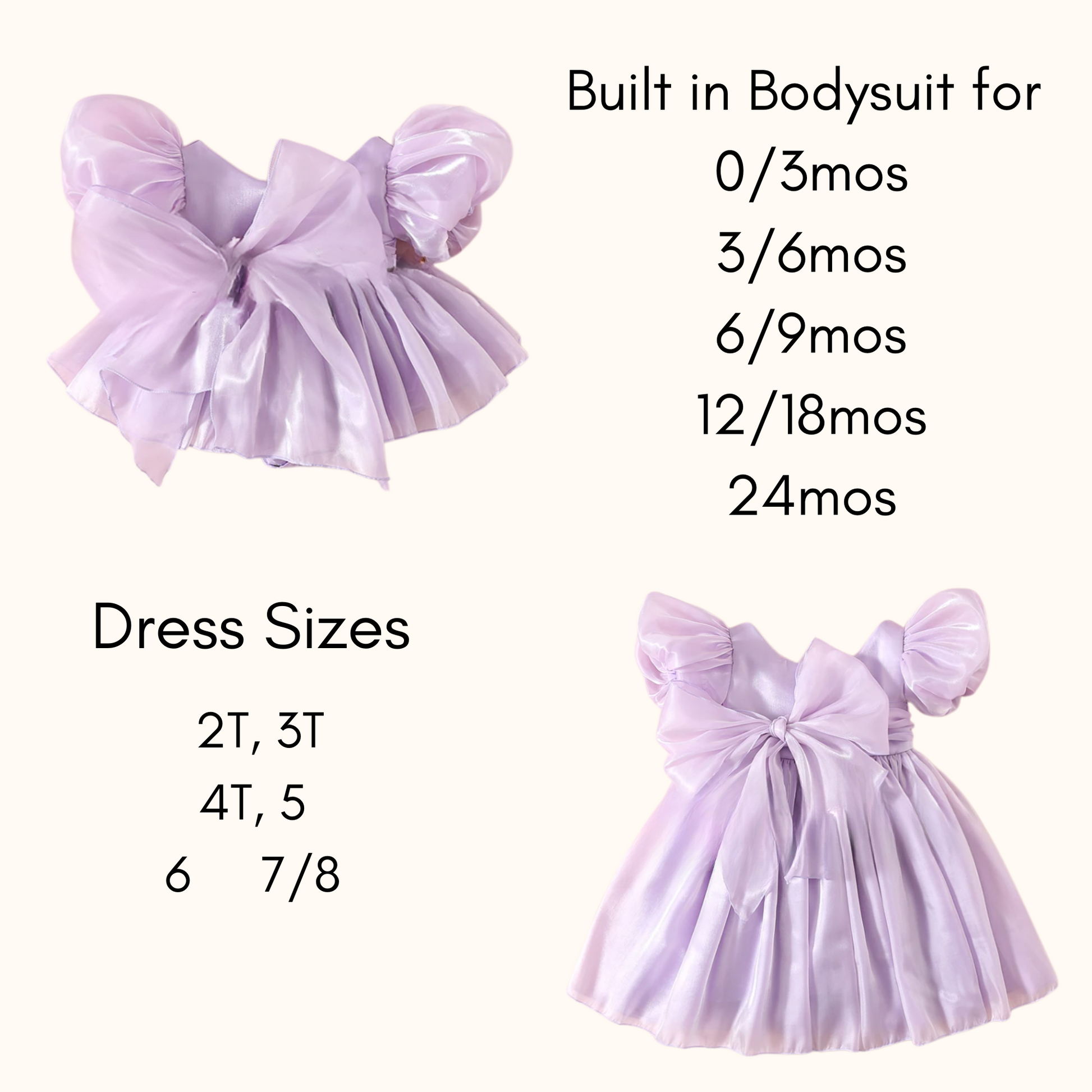 Purple dress with a built-in bodysuit and size chart on a white background