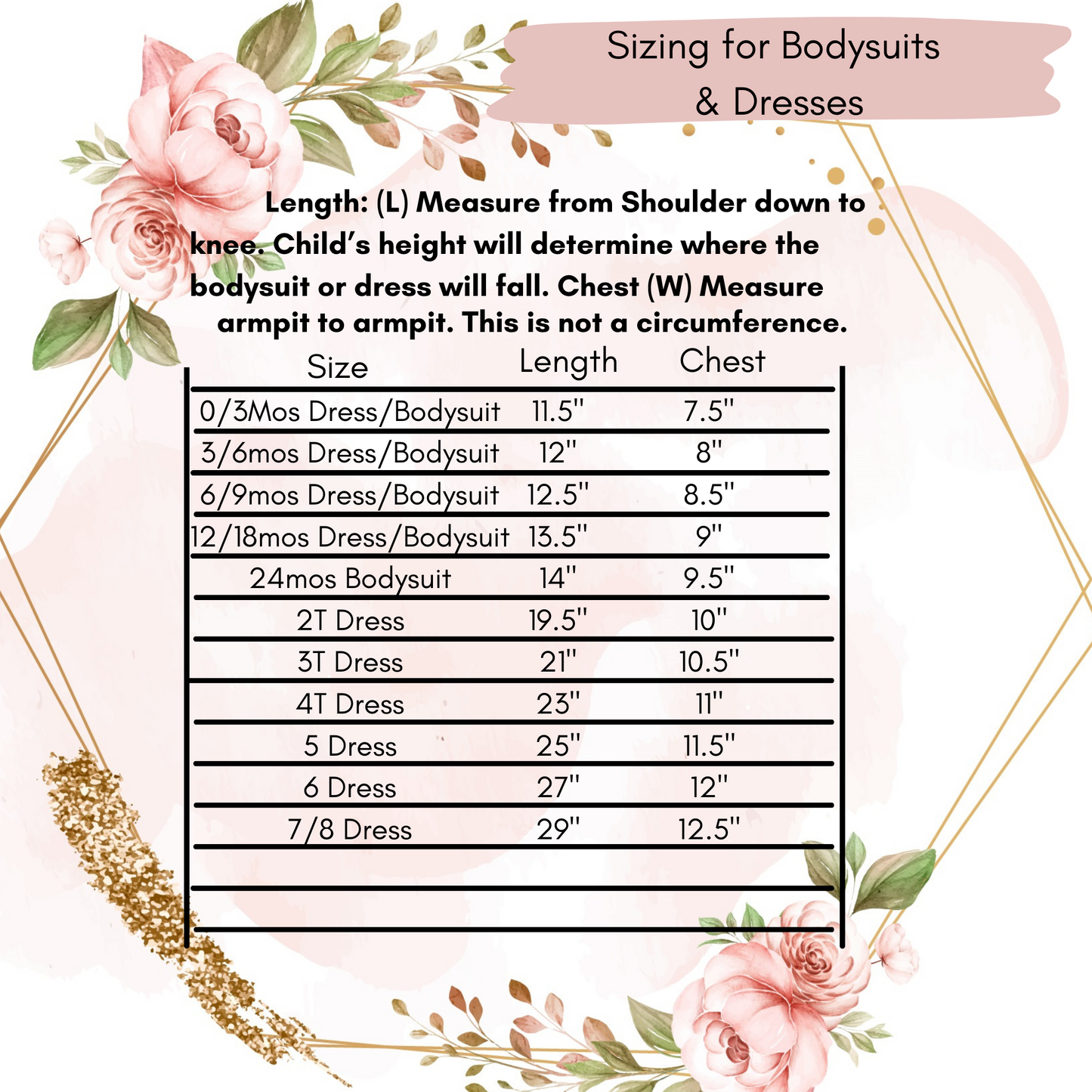 Sizing chart for bodysuits and dresses with floral decorations on a white background