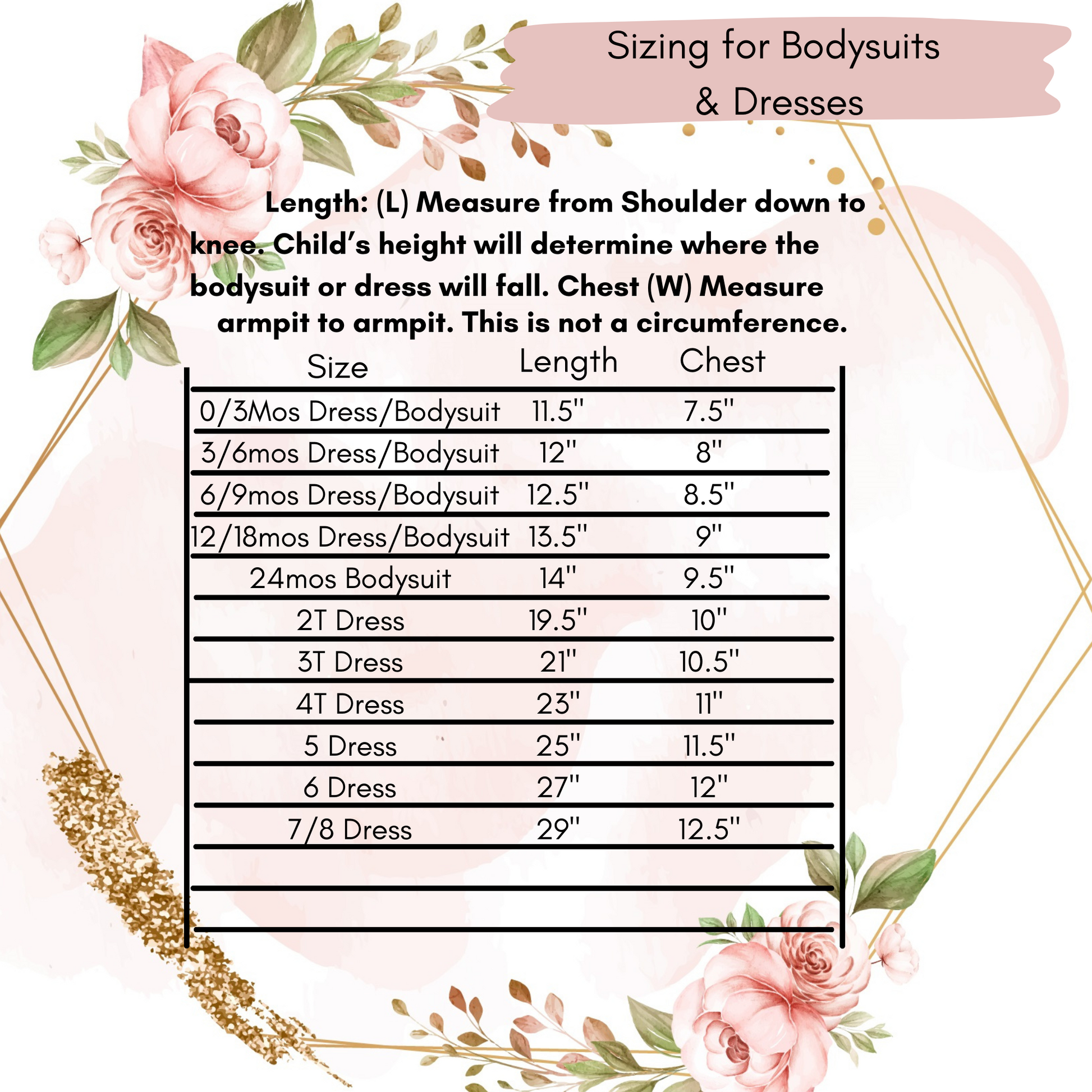 Sizing chart for bodysuits and dresses with floral decorations on a white background