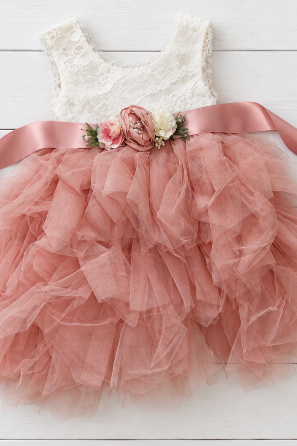 blush flower girl dress in a tiered sleeveless tutu style. In lace and tulle. 