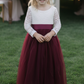 flower girl dress burgundy tulle with white lace long sleeves full length