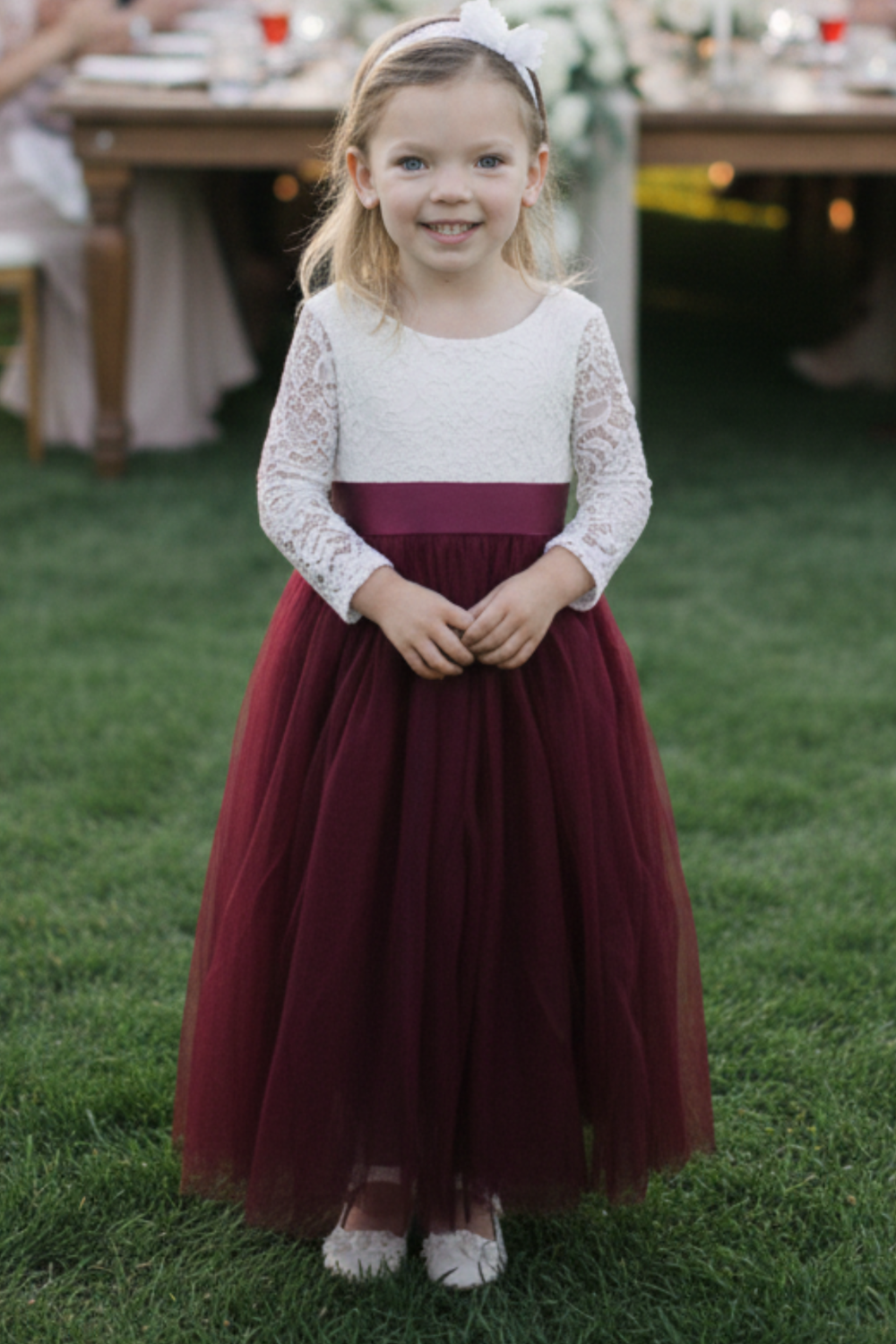 flower girl dress burgundy tulle with white lace long sleeves full length