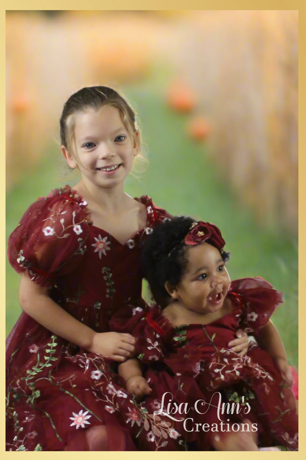 Matching sister outfits for babies and girls in burgundy floral 