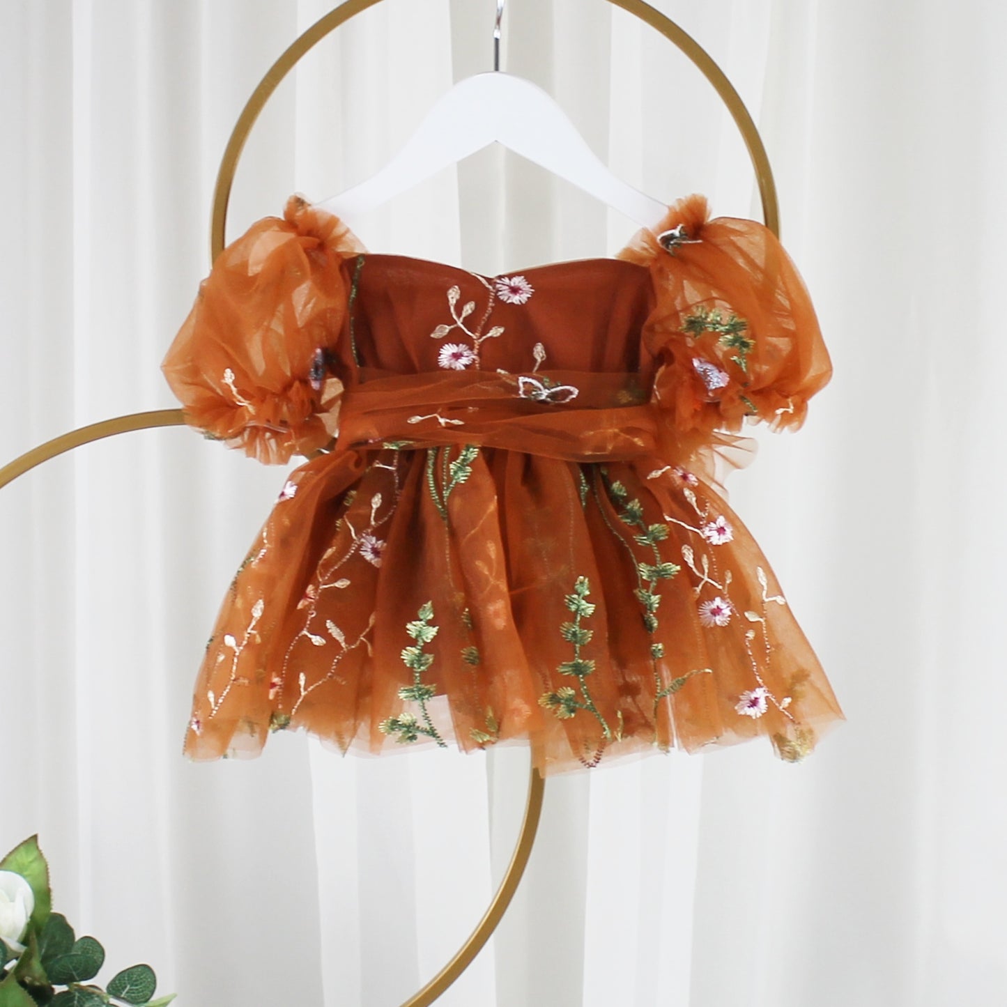 baby burnt orange flower girl dress in floral tulle. 