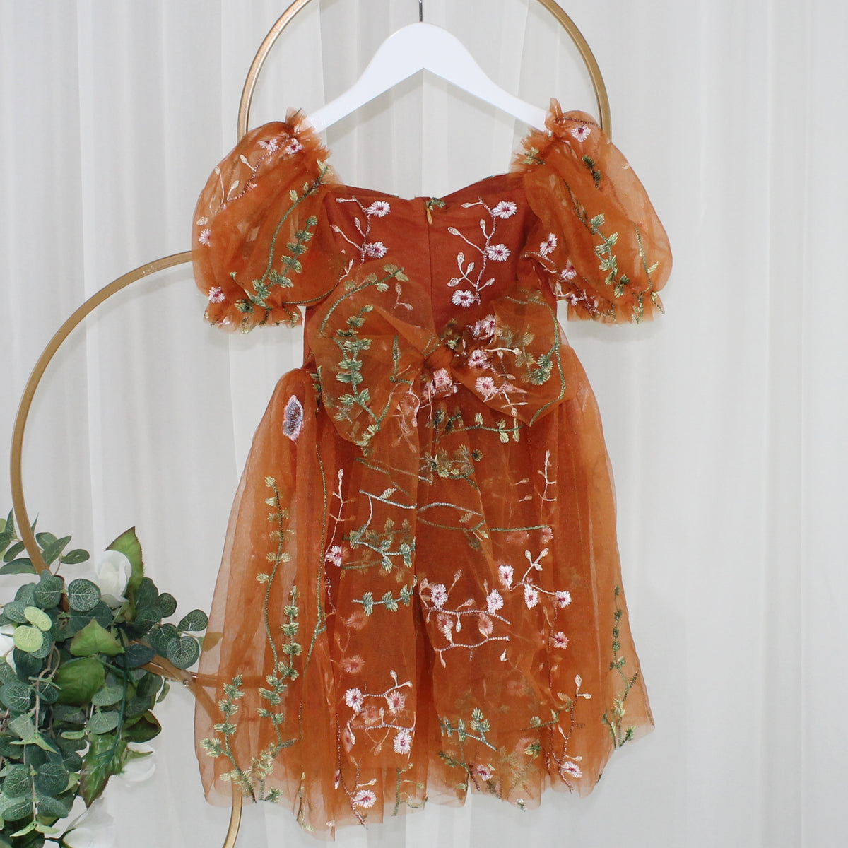 Toddler fall dress in burnt orange with embroidered floral tulle and matching sash