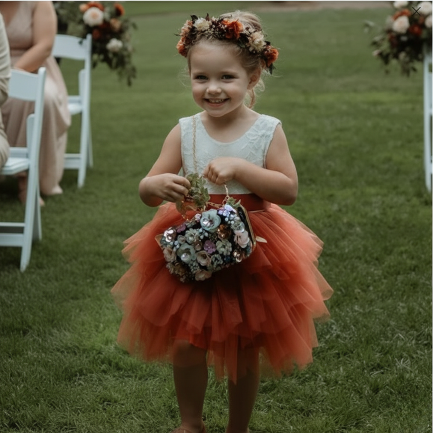 Burnt Orange Flower Girl dress in long sleeves and knee length style