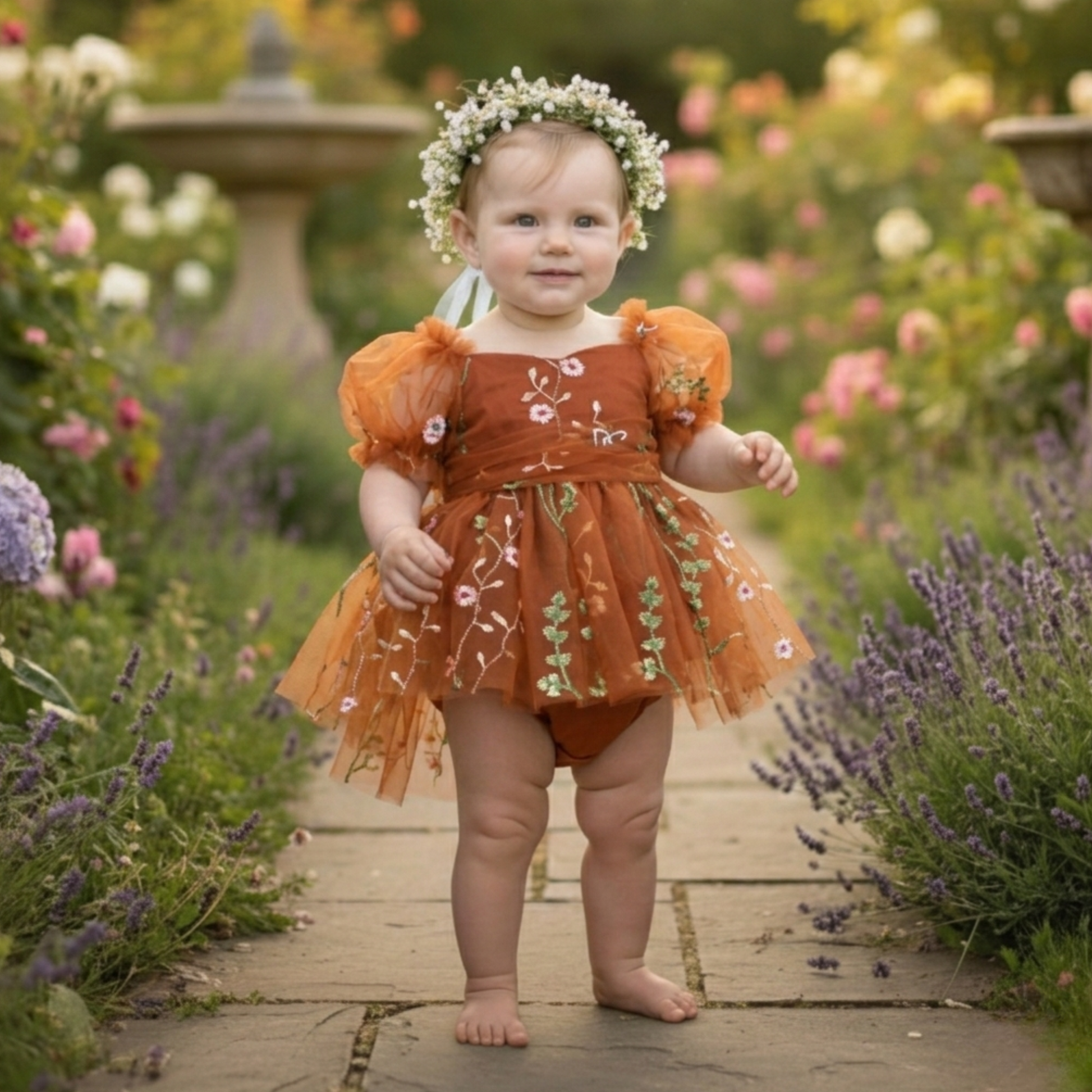 baby flower girl dress in burnt orange floral tulle in a short romper style. 