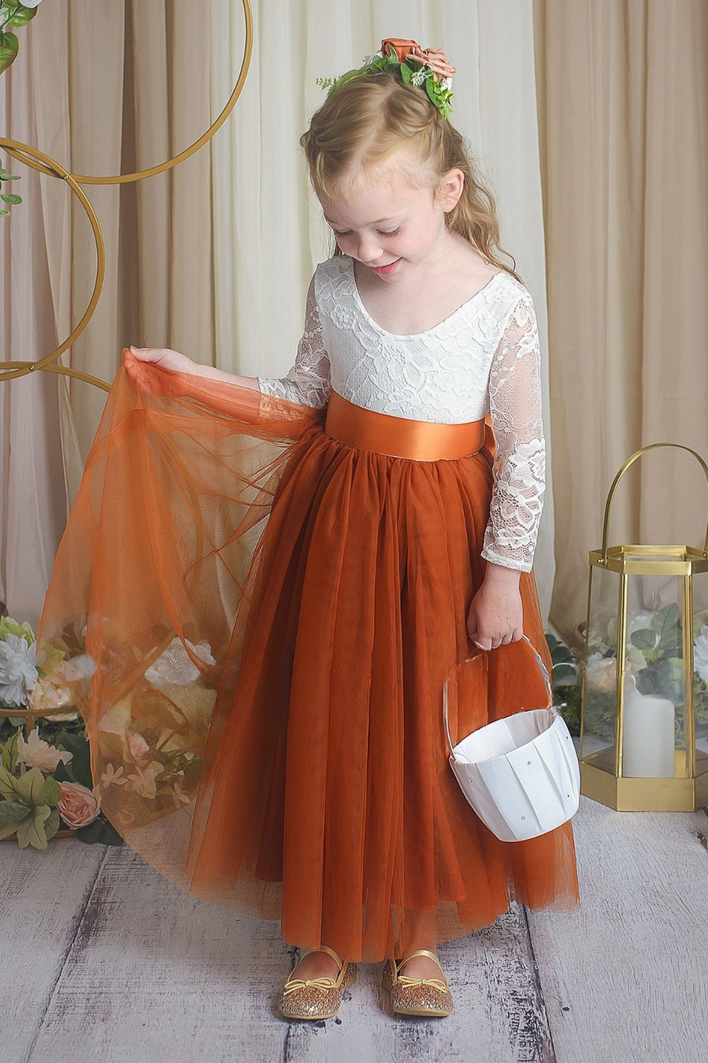 Toddler Flower girl dress in burnt orange tulle and white lace 