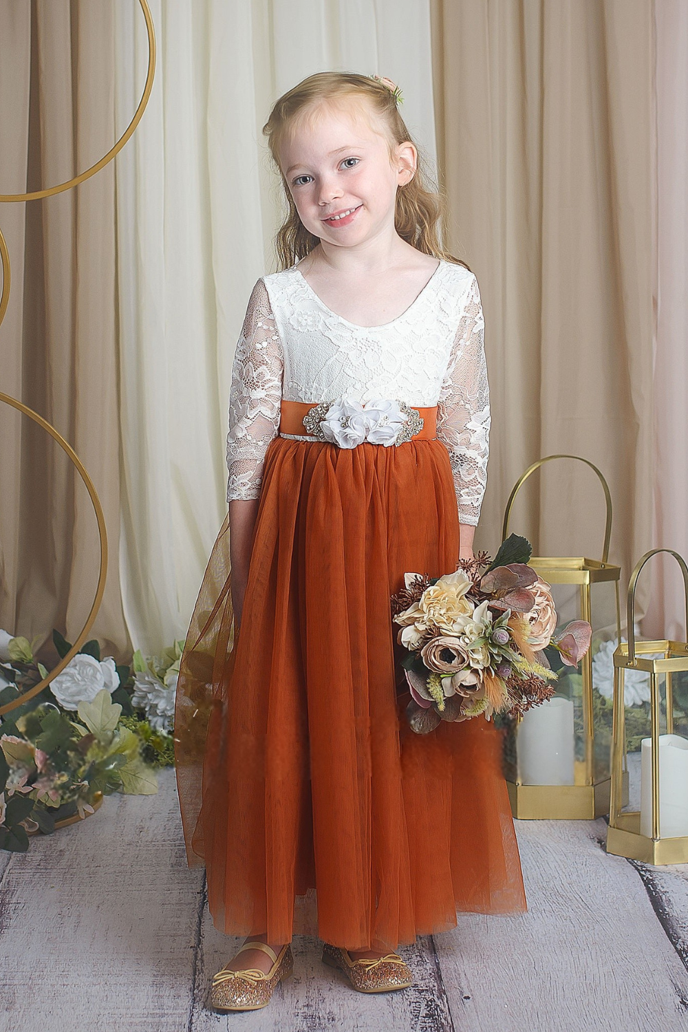 flower girl dress in burnt orange tulle and white lace for weddings. 