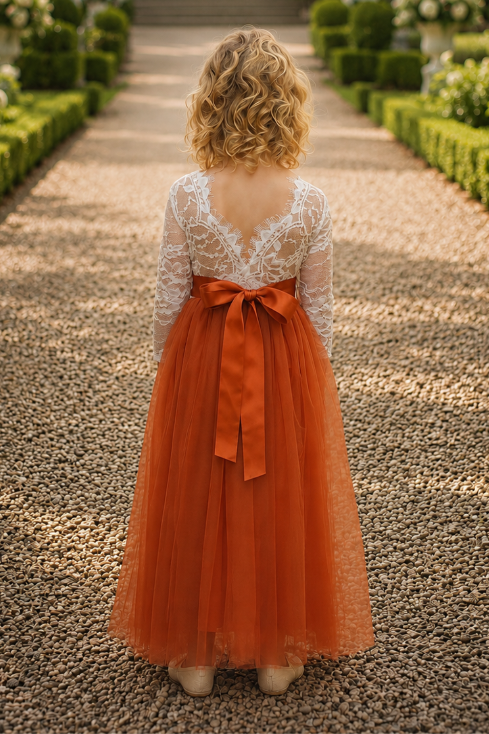 Long sleeve flower girl dress in burnt orange with lace back and matching sash