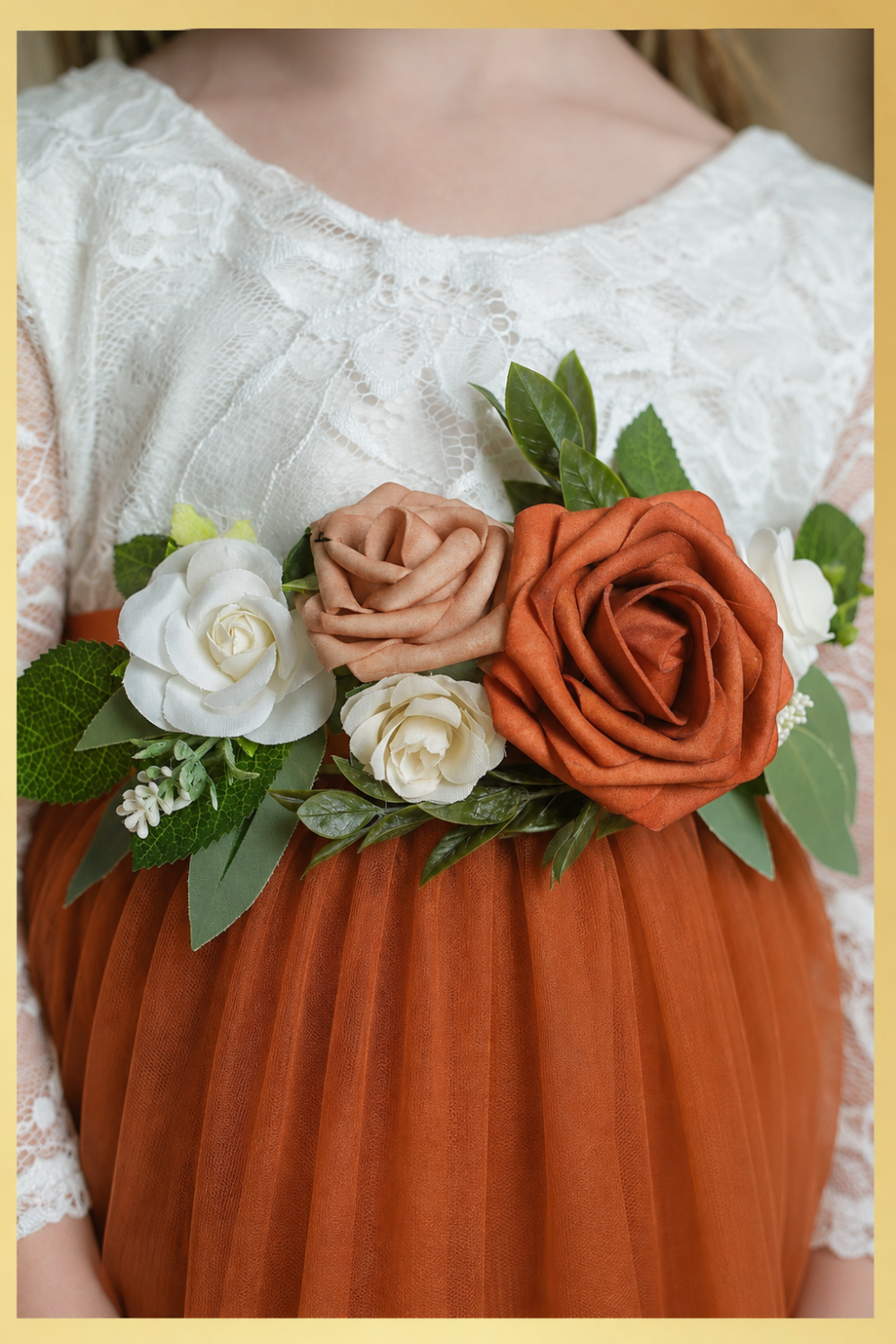 Burnt orange wedding dress for girls showing optional sash styles
