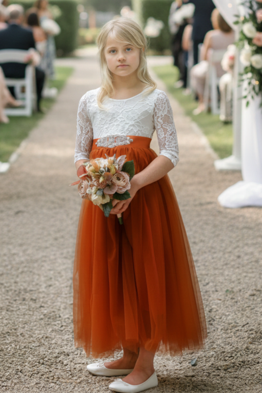 burnt orange flower girl dress and junior bridesmaid tulle and lace burnt orange dress
