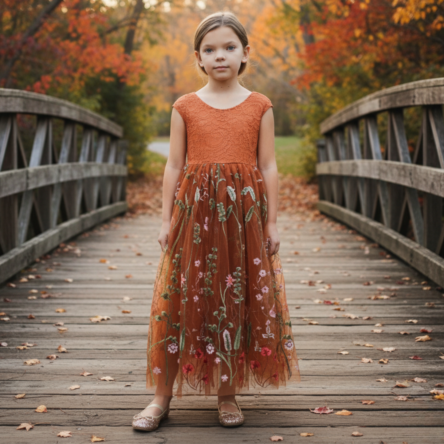 Toddler Flower girl dress in burnt orange floral. Burnt orange sleeveless lace top and burnt orange floral tulle bottom. 