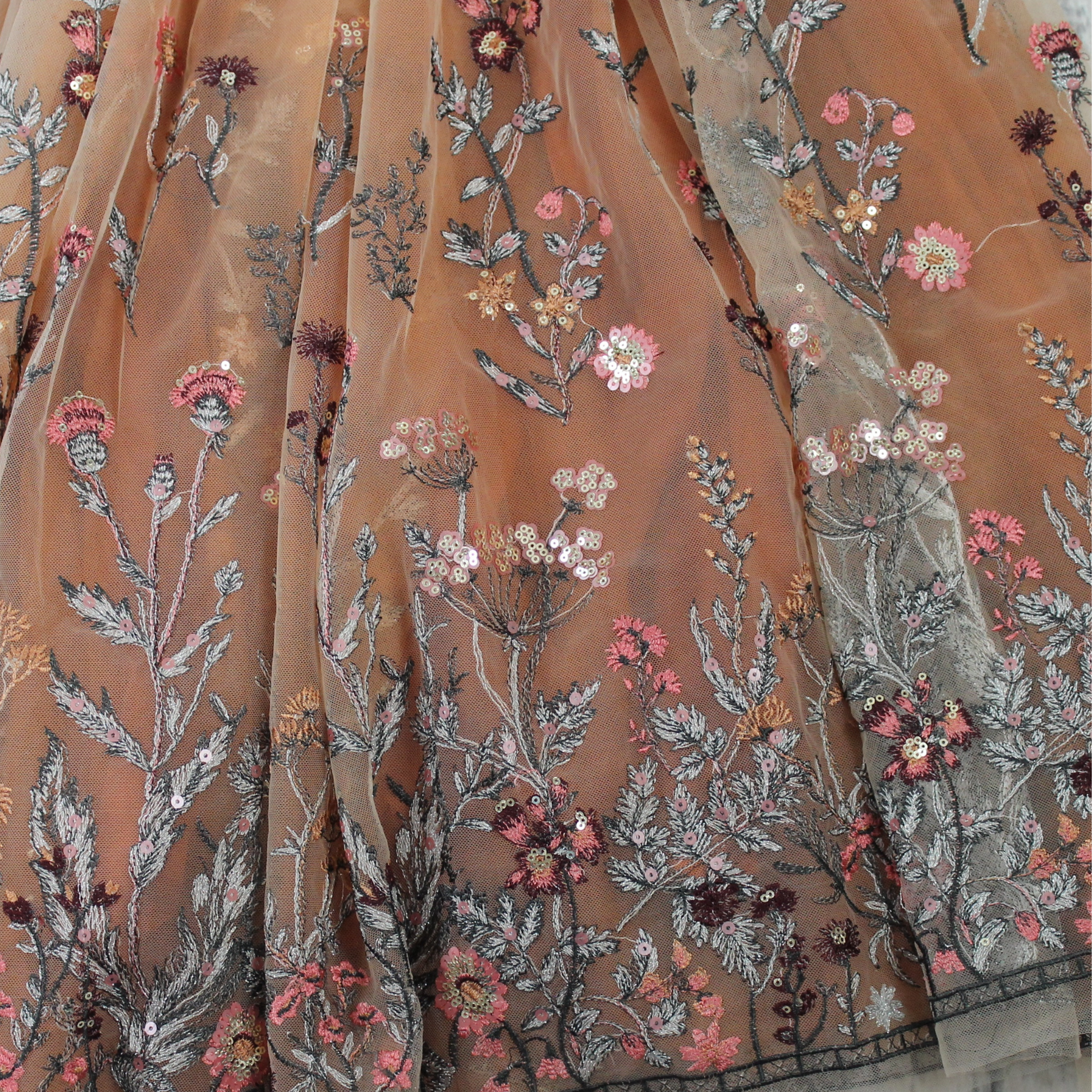 Burnt Orange Floral flower girl dress in long sleeve white lace with full length tulle bottom. 