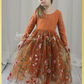 Floral Flower Girl Dress in Burnt Orange Long Sleeves lace and tulle