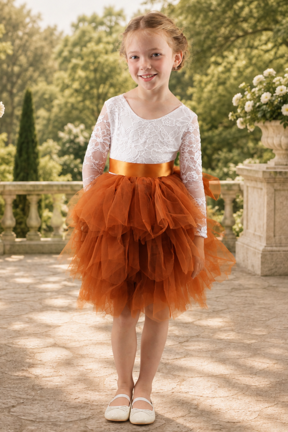 Flower girl dress in burnt orange tiered tutu style tulle with long white lace sleeves. 