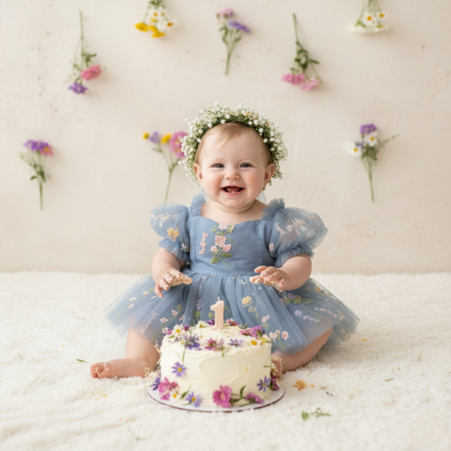 The Wildflower - Baby Floral Dress - Dusty Blue