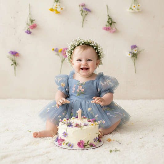 The Wildflower - Baby Floral Dress - Dusty Blue