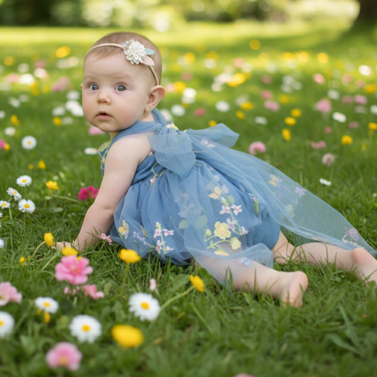 The Gardenia - Baby Floral Dress - Dusty Blue