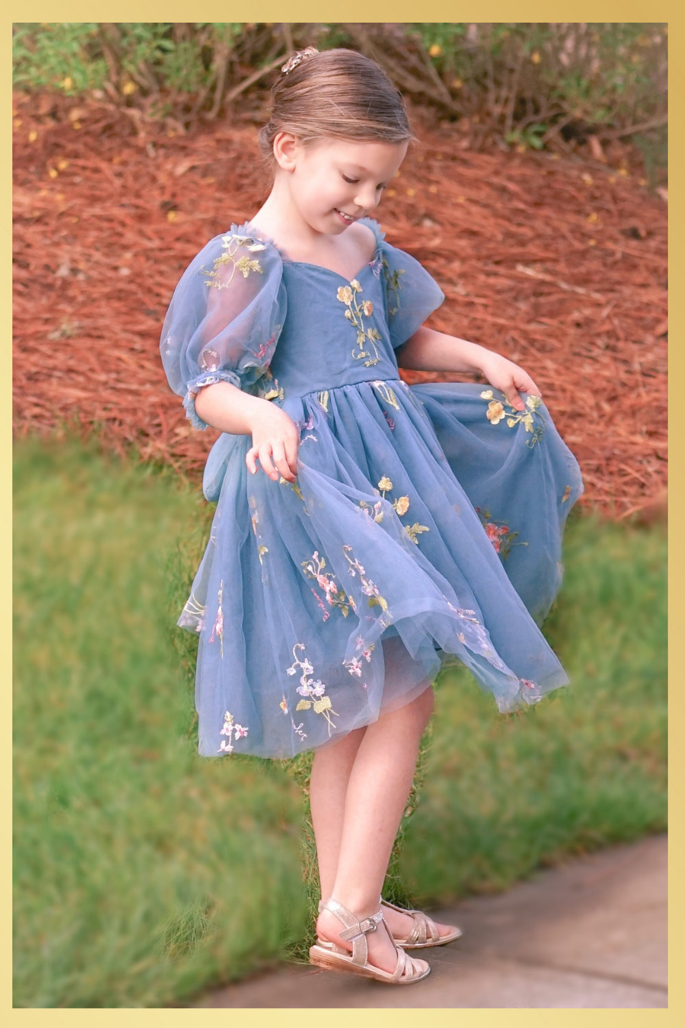 Special occasion dress in duty blue floral embroidery tulle for Easter