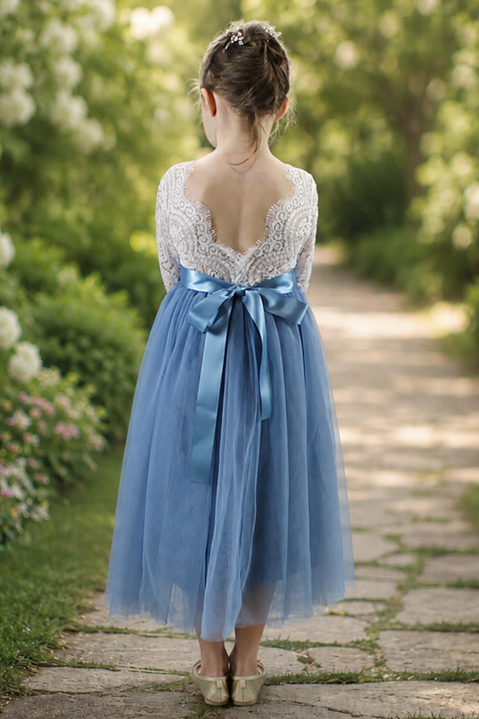 flower girl dress in dusty blue tulle and white lace.  Long Sleeve style and ankle length dress. 