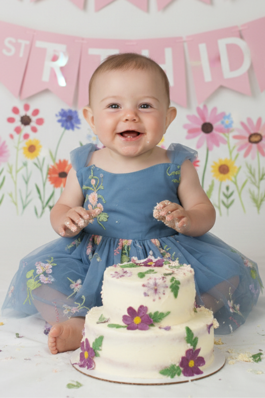 embroidered first birthday dress. Dusty blue floral baby girl romper style dress with built in bodysuit.  