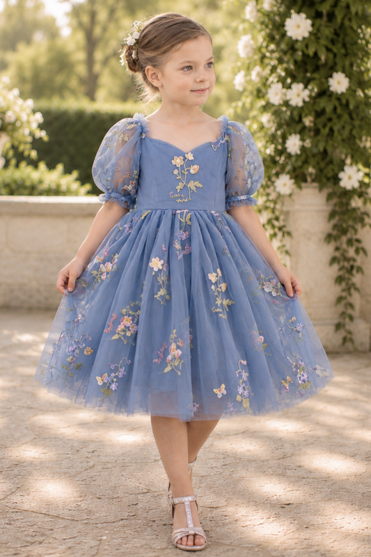 dusty blue floral embroidered flora flower girl dress in tulle with big puffy sleeves and knee length style dress. 