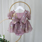 Baby Girl first birthday dress in dusty purple floral embroidery flowers for fairy and wildflower birthday parties. 