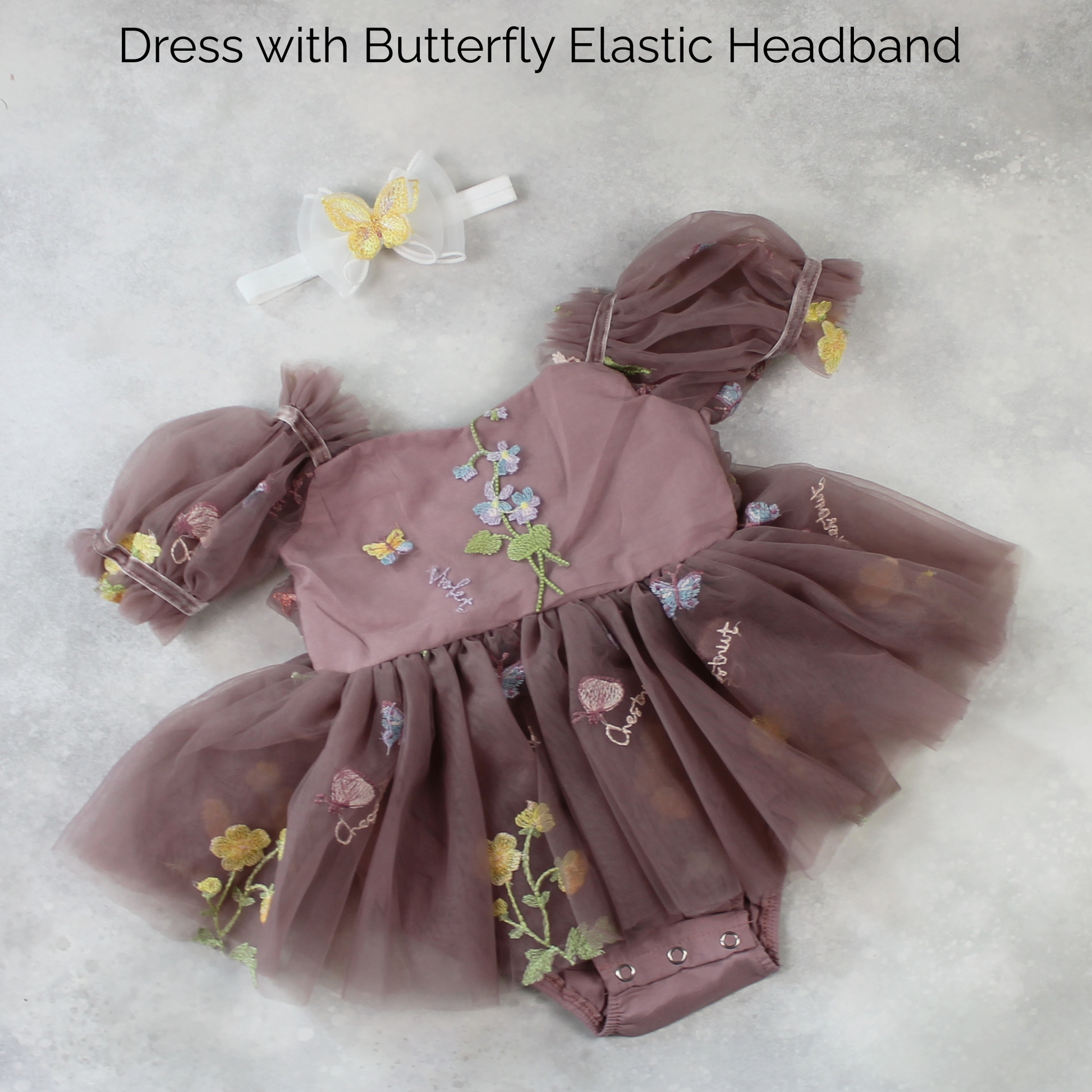 Baby Girl first birthday dress in dusty purple floral embroidery flowers for fairy and wildflower and fairy birthday parties. With Headband