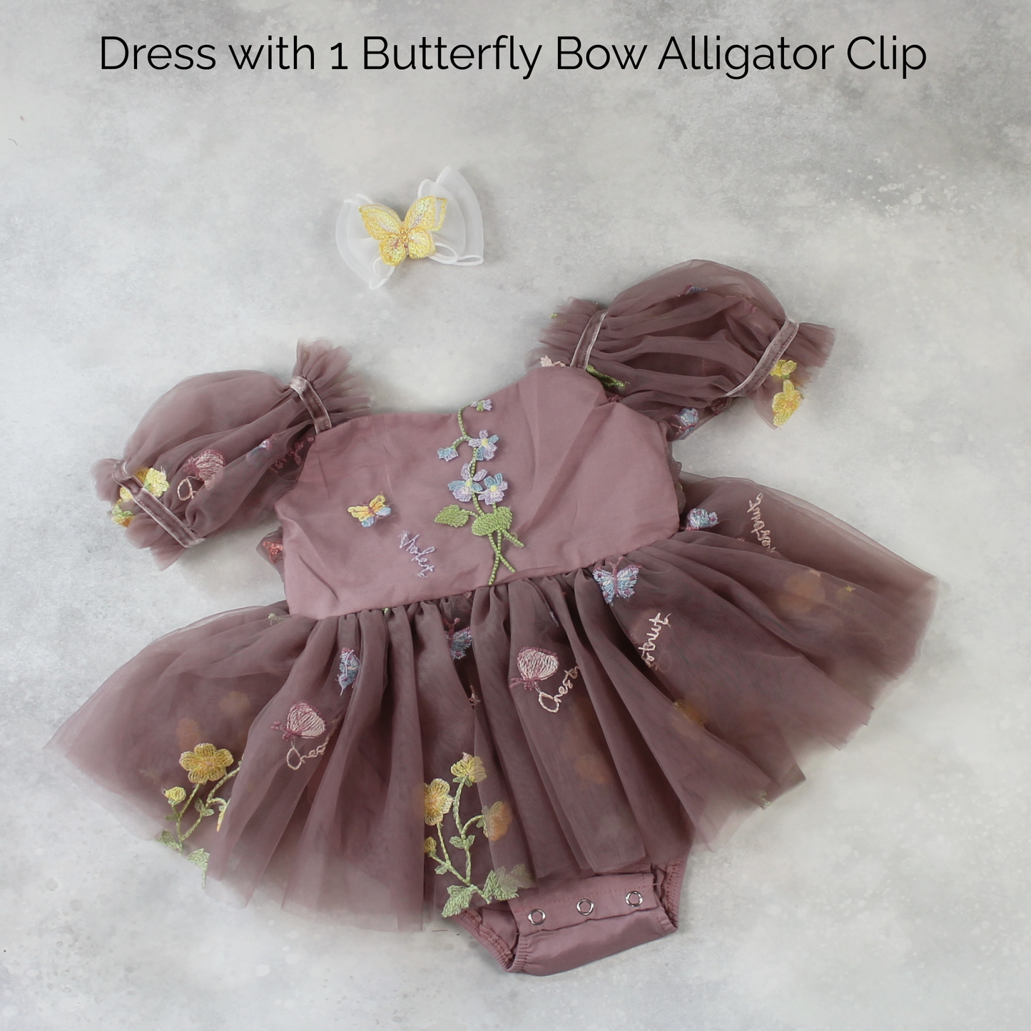 Baby Girl first birthday dress in dusty purple floral embroidery flowers for fairy and wildflower and fairy birthday parties.  with Clip
