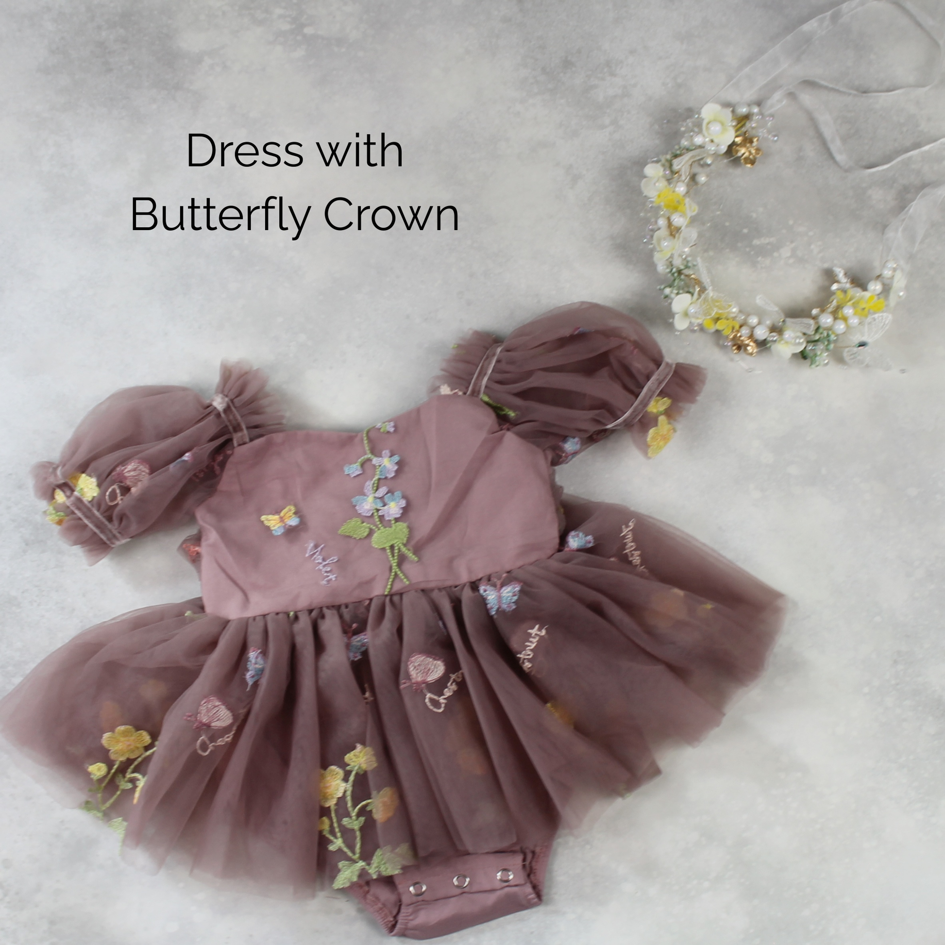 Baby Girl first birthday dress in dusty purple floral embroidery flowers for fairy and wildflower and fairy birthday parties.  with crown