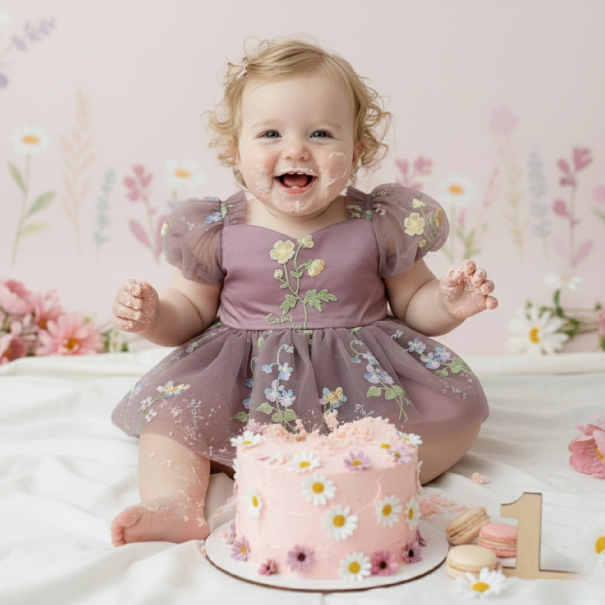 Baby Girl first birthday dress in dusty purple floral embroidery flowers for fairy and wildflower and fairy birthday parties. 