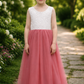 flower girl dress in dusty rose tulle with white lace sleeveless dress full length. 