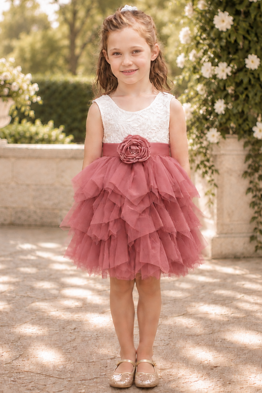 flower girl dress in dusty rose tulle in a tiered tutu style. Top bodice of a soft white lace sleeveless style dress