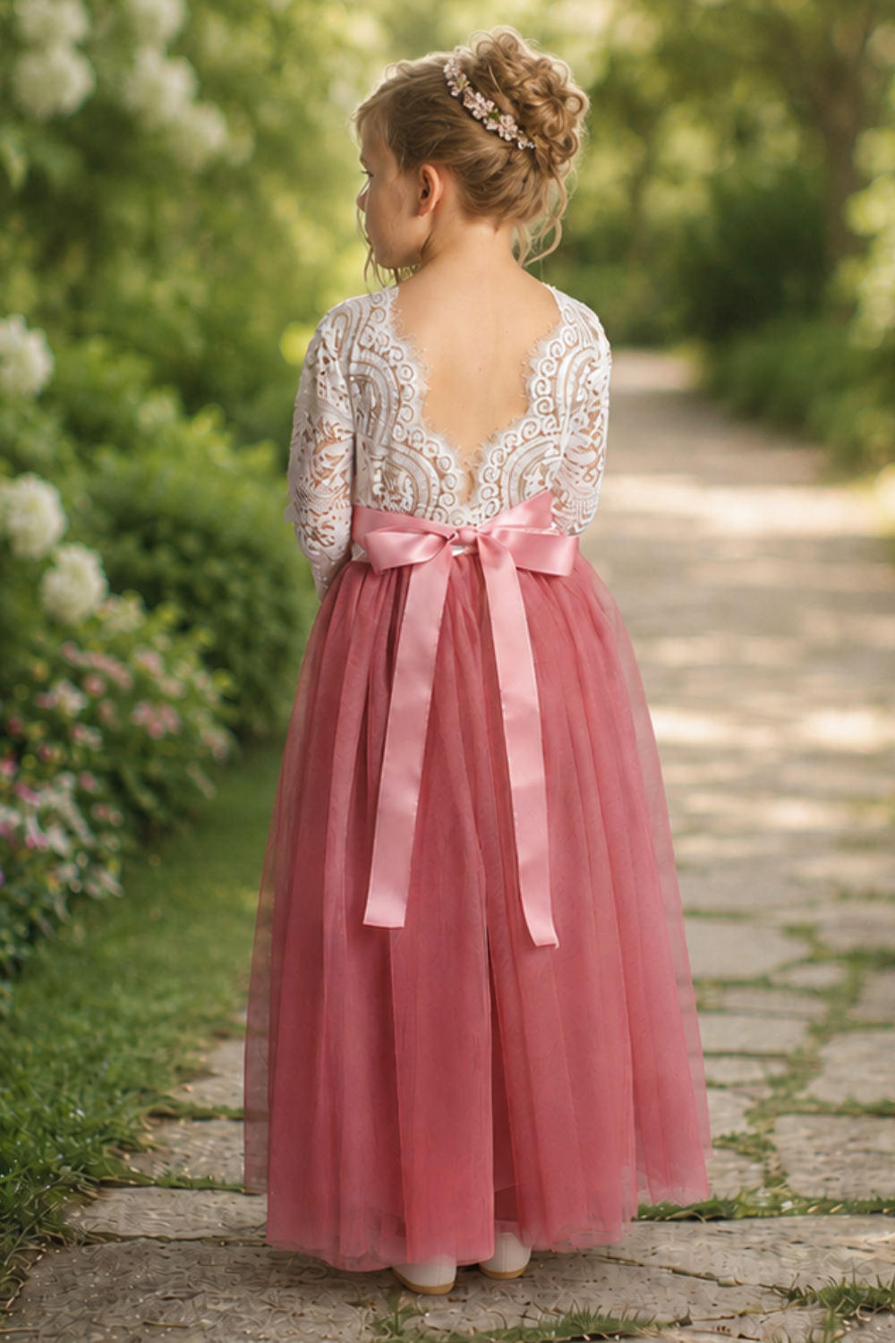 Flower girl dress in dusty rose tulle. lace long sleeves and ankle length dress tyle. 