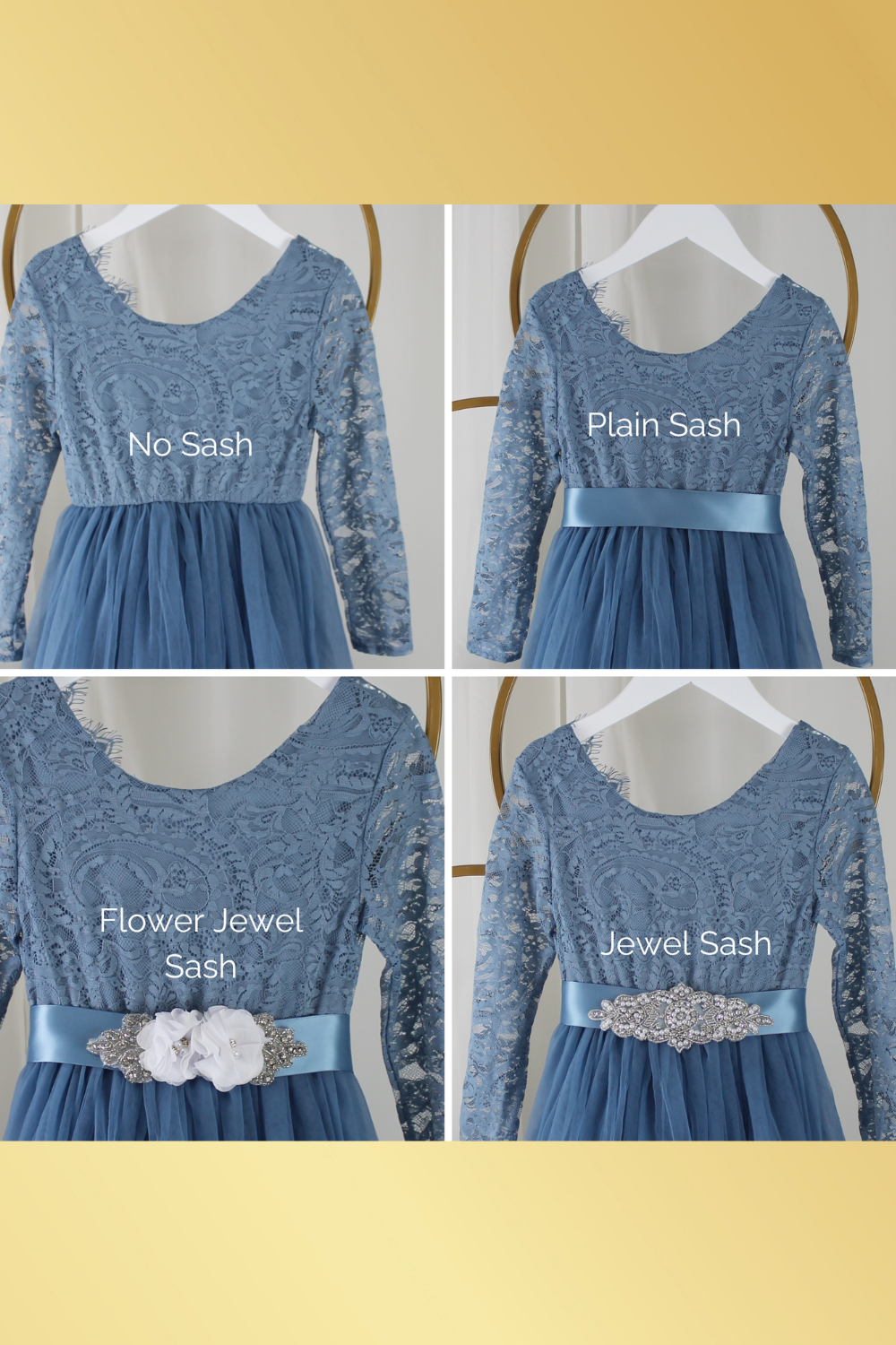 Blue Christmas Dress for Girls in Dusty Blue with Plain Satin, Flower Jewel, and Rhinestone Sash Options