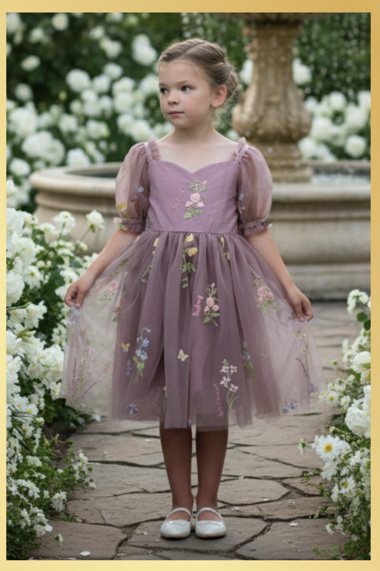 Flower girl dress in dusty purple floral tulle