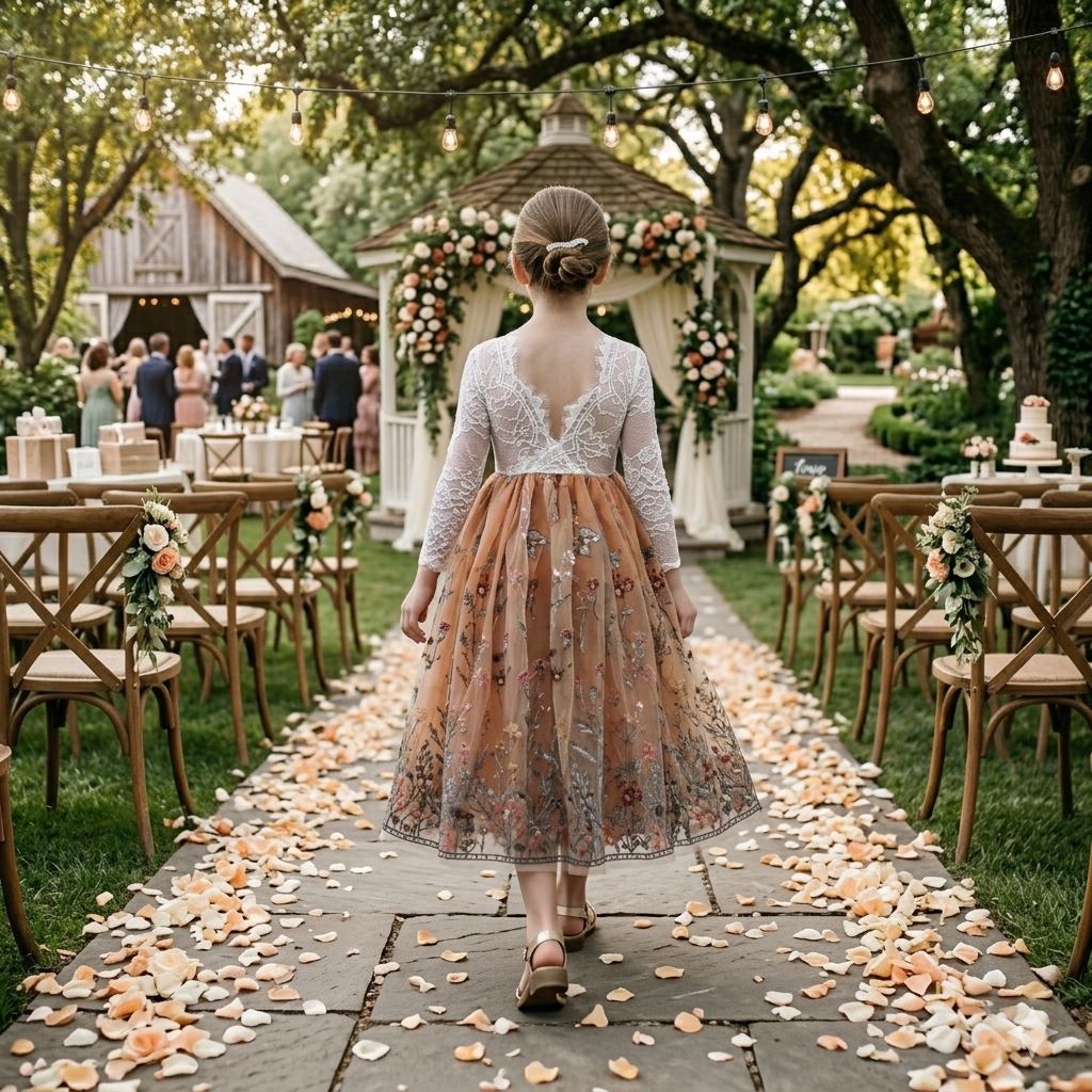 Burnt Orange Floral flower girl dress in long sleeve white lace with full length tulle bottom. 
