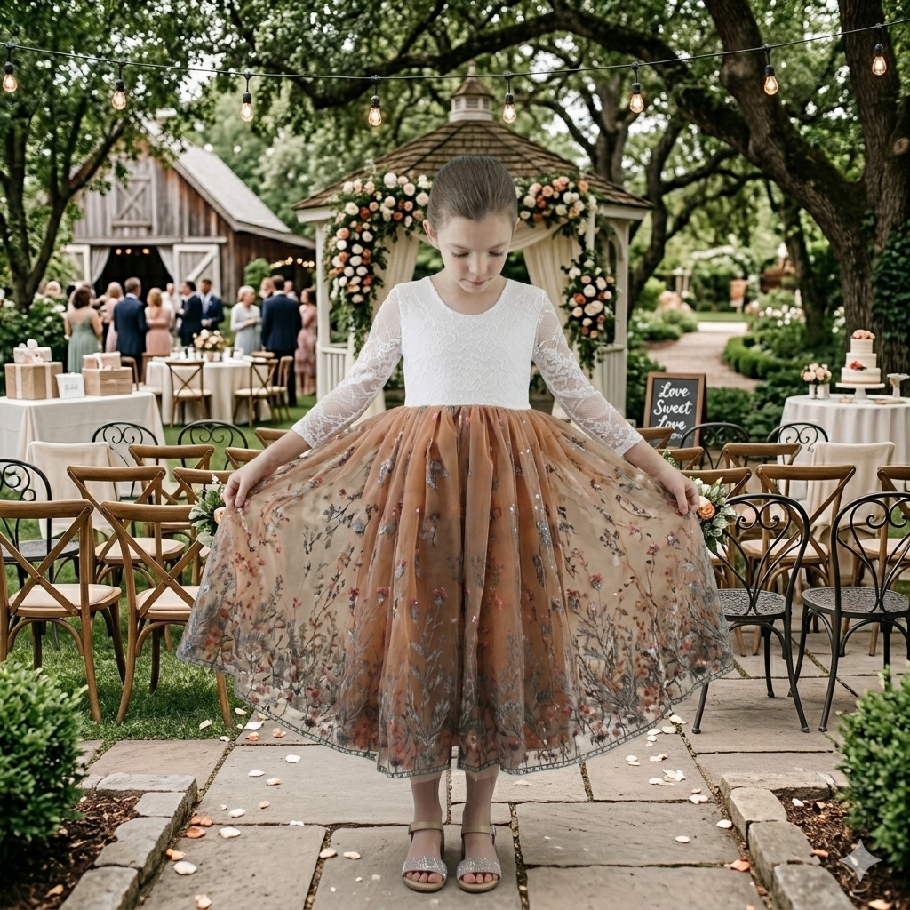 Burnt Orange Floral flower girl dress in long sleeve white lace with full length tulle bottom. 