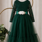 Green Holiday Dress with jeweled flower sash, lace bodice and full tulle mermaid skirt