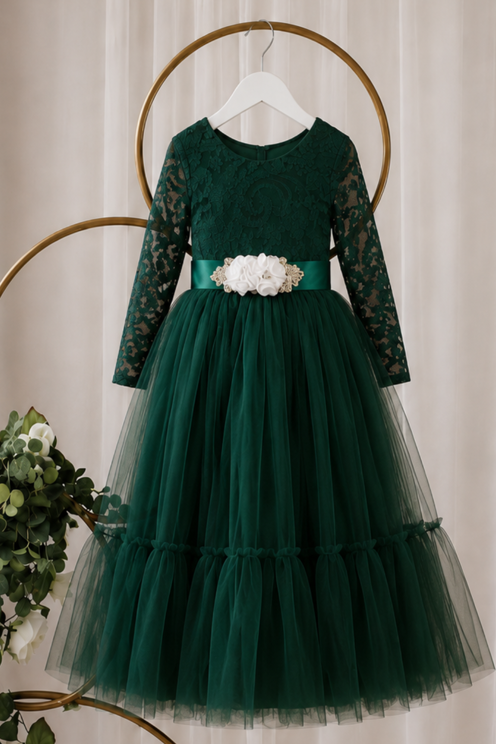 Green Holiday Dress with jeweled flower sash, lace bodice and full tulle mermaid skirt