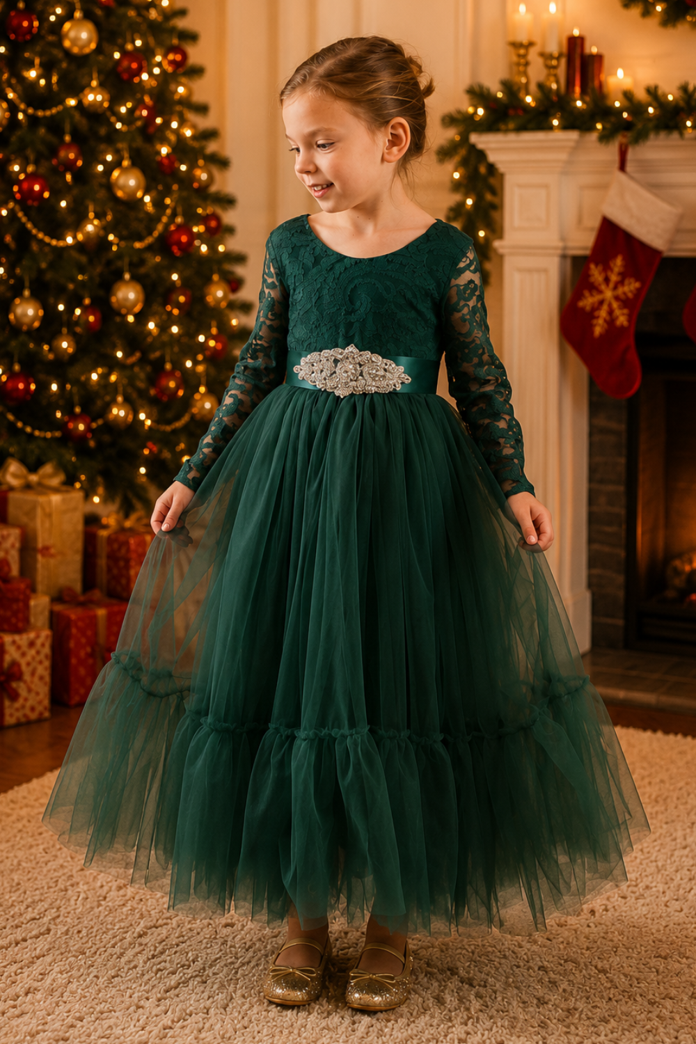 Green Holiday Dress for girls with long sleeve lace bodice and flowing tulle skirt