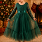 Green Christmas Dress with lace bodice, long sleeves and full tulle mermaid skirt