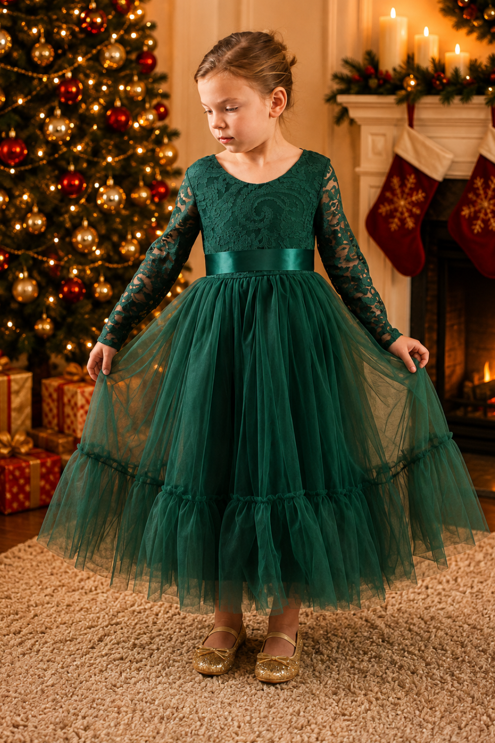 Green Christmas Dress with lace bodice, long sleeves and full tulle mermaid skirt
