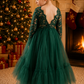 Green Christmas Dress with V-shaped open lace back and long sleeve lace bodice