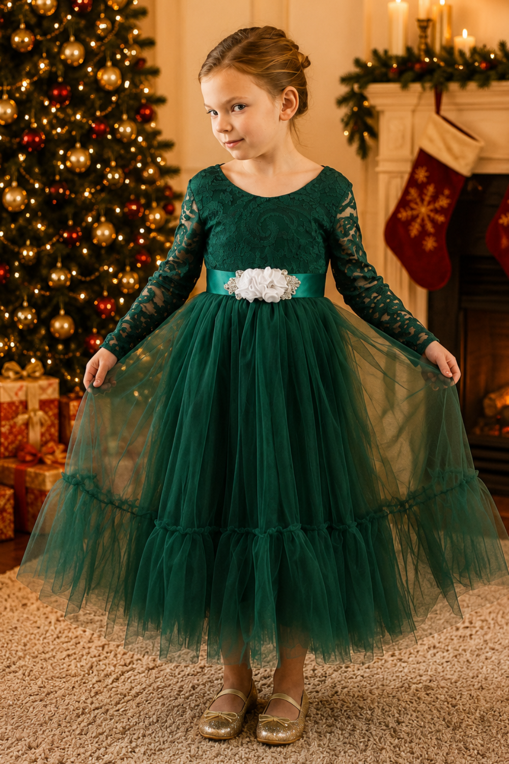 Green Christmas Dress for Girls with long sleeve lace bodice and full tulle mermaid skirt