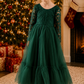 Girls Green Christmas Dress with elegant lace bodice and full-length tulle skirt