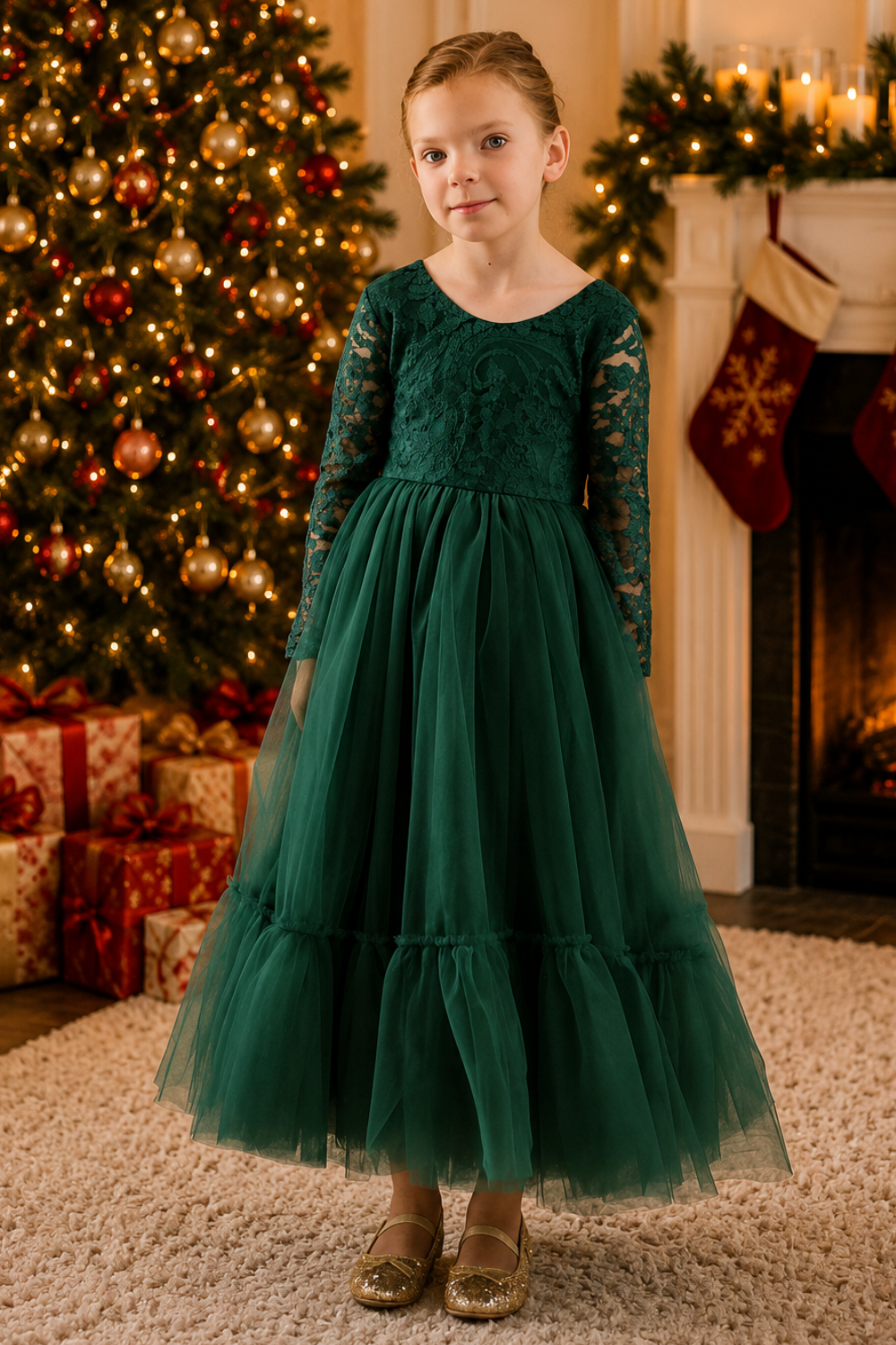 Girls Green Christmas Dress with elegant lace bodice and full-length tulle skirt